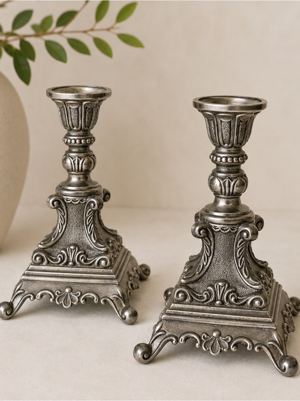 Pair of Antique Baroque Pewter Italian Rococo Italian Altar Candle Stick Holders